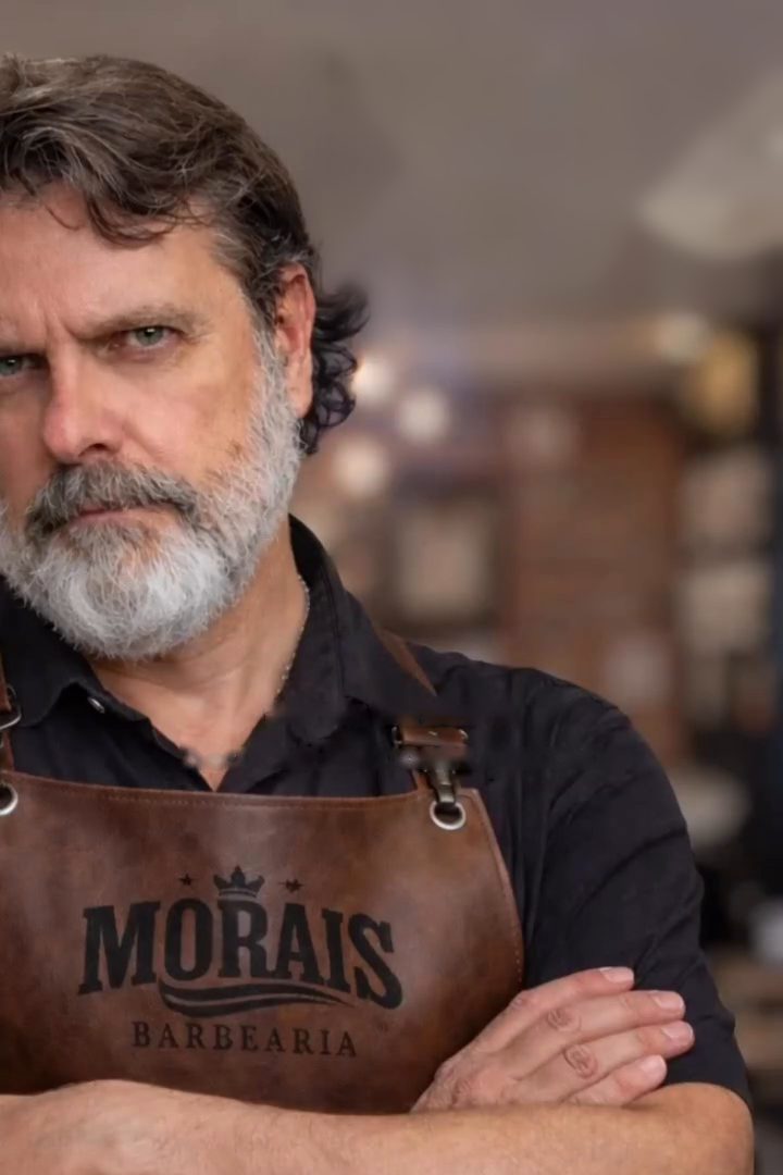 Marcelo Morais de braços cruzados, com o avental de couro da Morais Barbearia